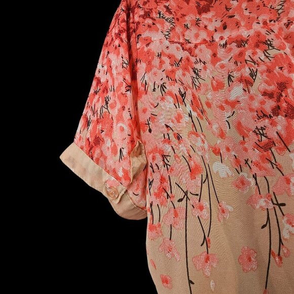 GeeGee Pink Floral Short Slv Blouse Sheer Lightweight Button Front Top Womens M - Picture 7 of 9